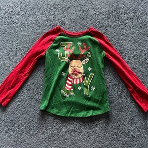 Holiday Time Girl's Green & Red "Joy" Reindeer Long Sleeve T-Shirt Size XS 4-5